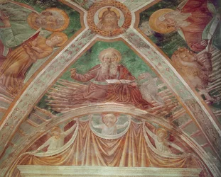 Dieu le Père à la pierre angulaire, le Christ bénissant, au plafond, Dieu le Père bénissant